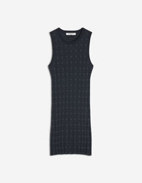 Merino Wool Rib Check Mini Dress - Navy/Medium Grey Melange