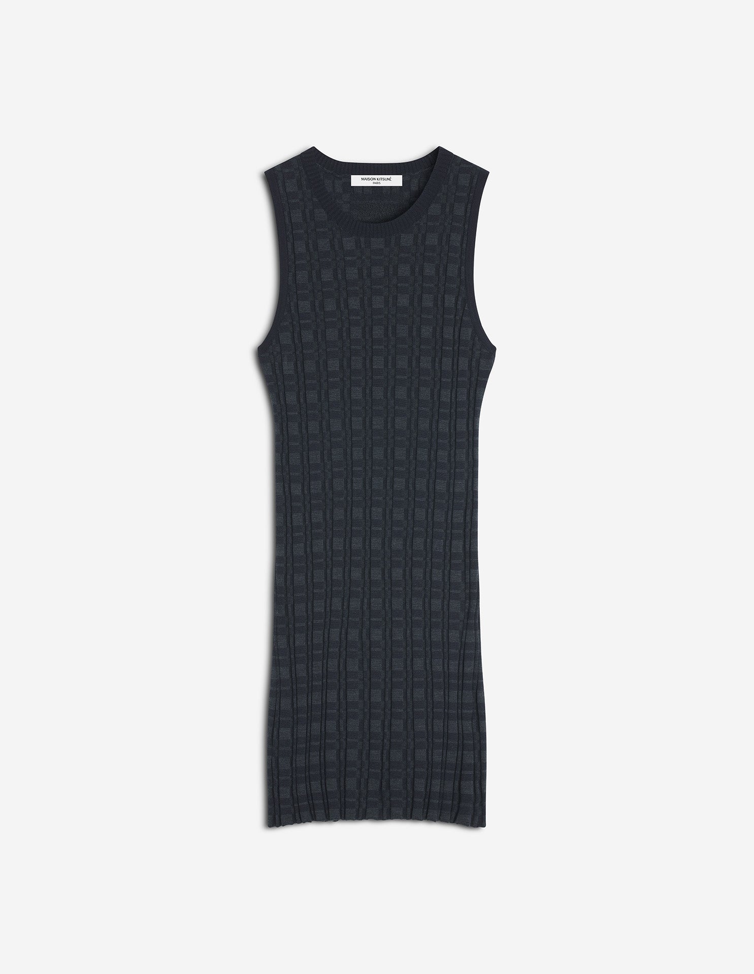 Merino Wool Rib Check Mini Dress - Navy/Medium Grey Melange