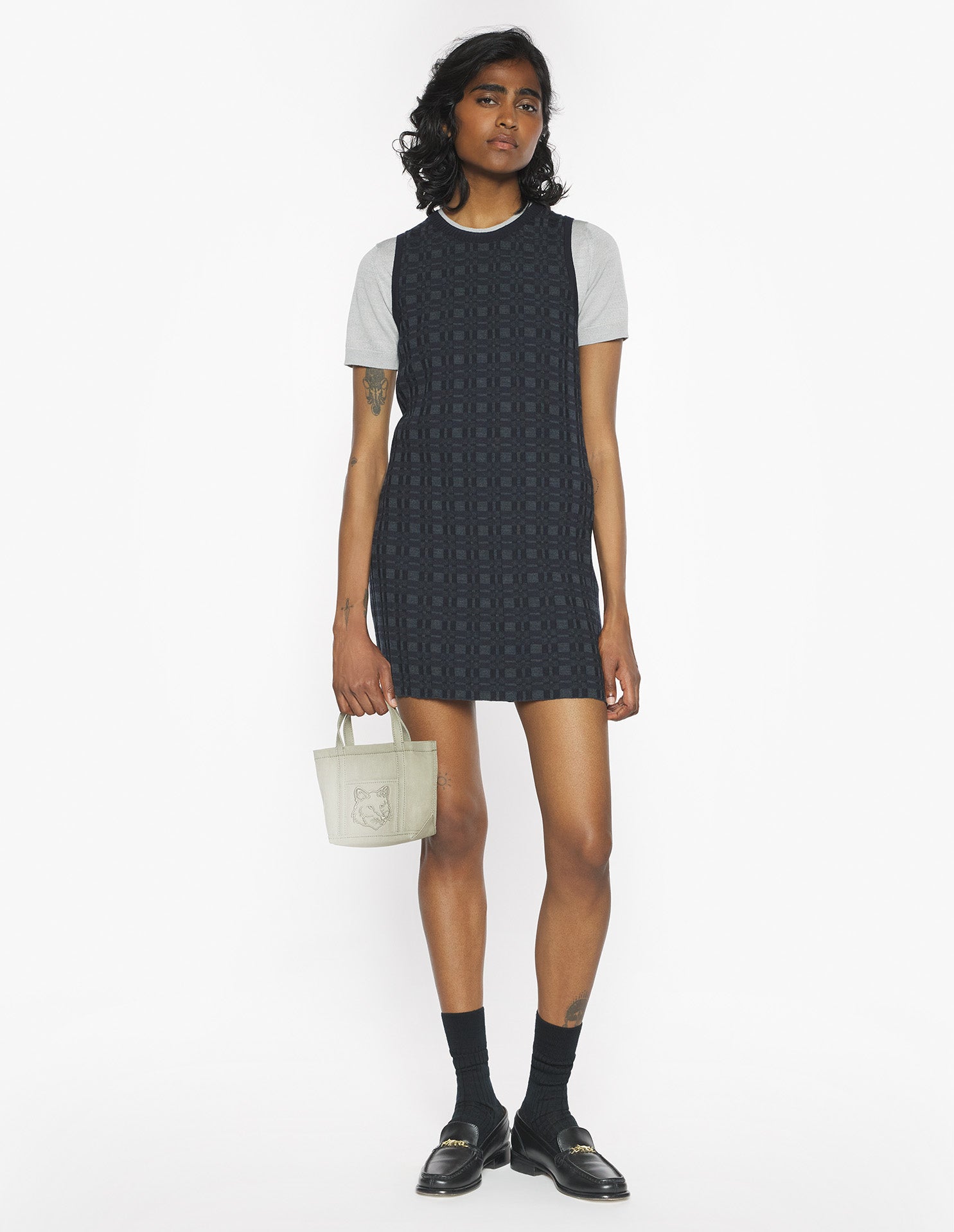 Merino Wool Rib Check Mini Dress - Navy/Medium Grey Melange