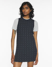 Merino Wool Rib Check Mini Dress - Navy/Medium Grey Melange