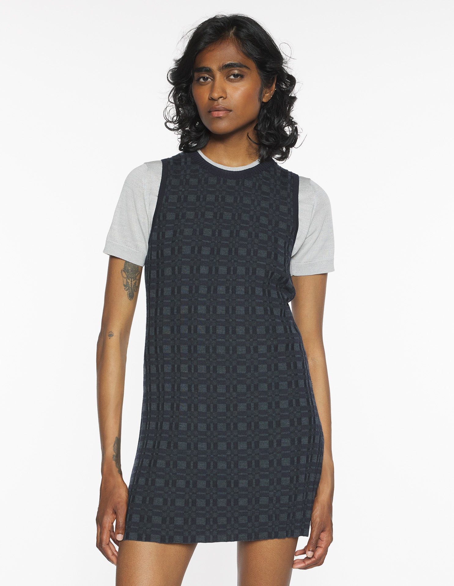 Merino Wool Rib Check Mini Dress - Navy/Medium Grey Melange