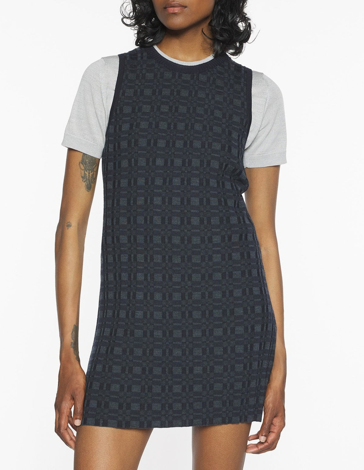 Robe courte à carreaux en laine - Navy & Medium Grey