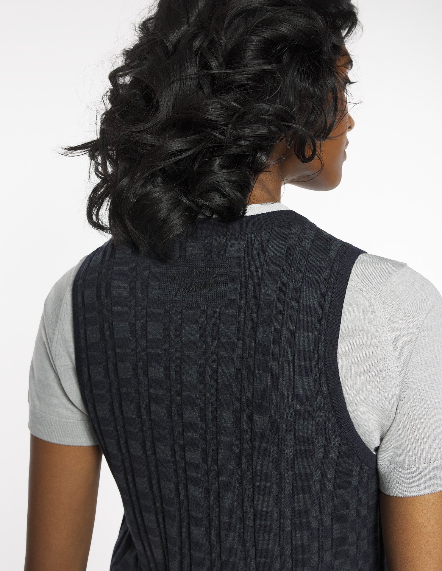 Merino Wool Rib Check Mini Dress - Navy/Medium Grey Melange