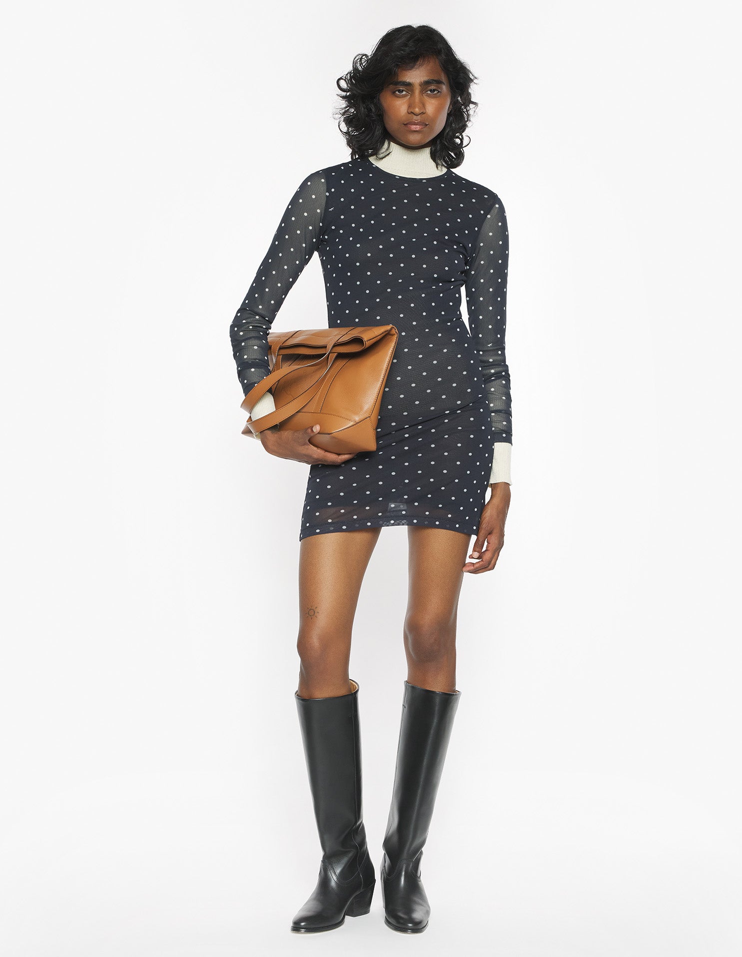 Polka Dot Mesh Mini Dress - Black/White