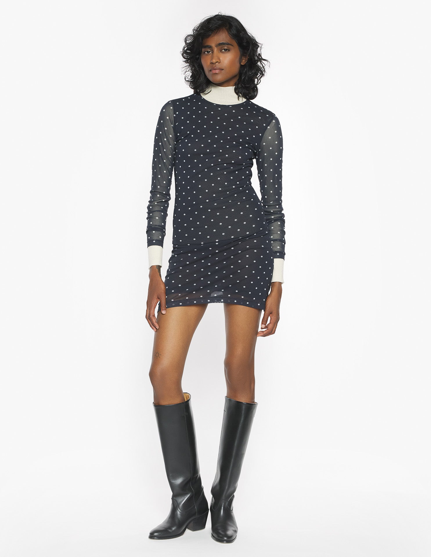 Polka Dot Mesh Mini Dress - Black/White