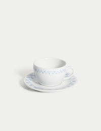 Checkerboard Porcelain Coffee Cup And Saucer - Grey Blue
