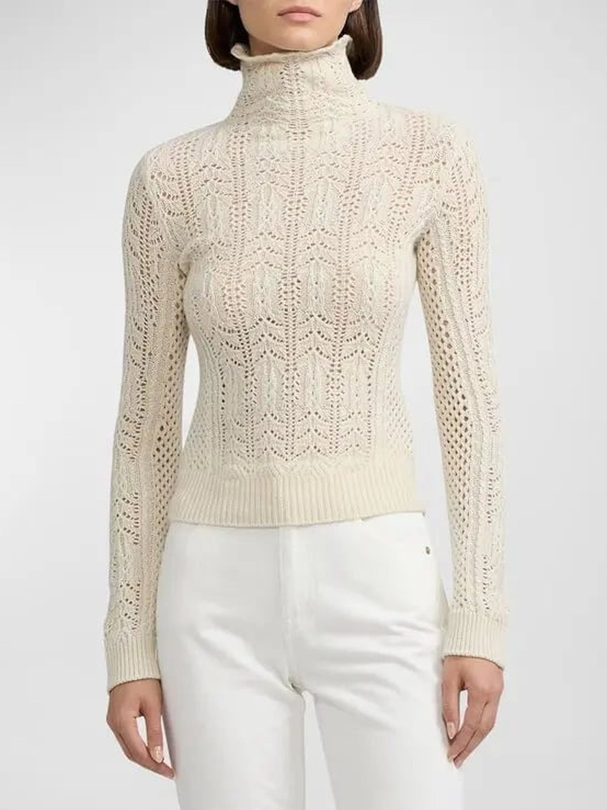 Cashmere pointelle funnel neck jumper - Classic Cream