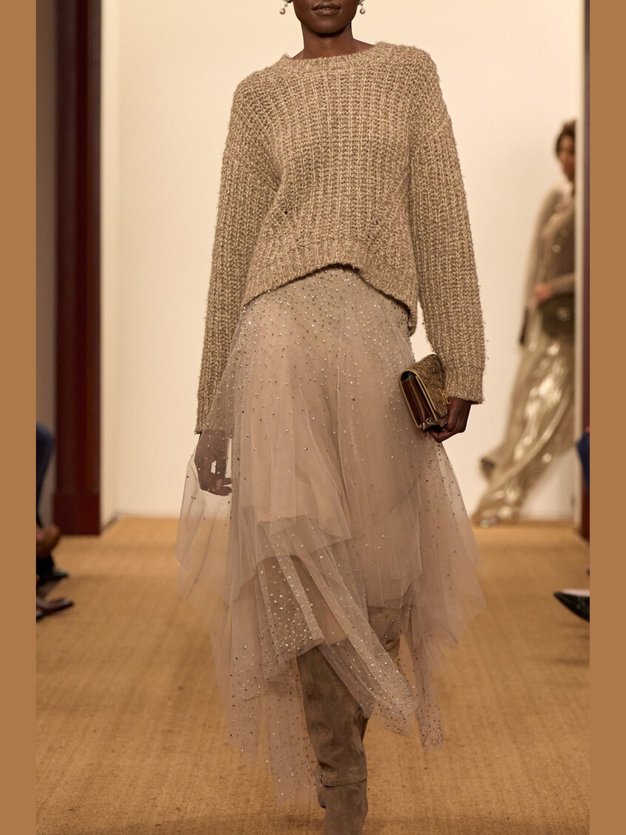 Cashmere and silk ribbed jumper - Light Truffle Multi