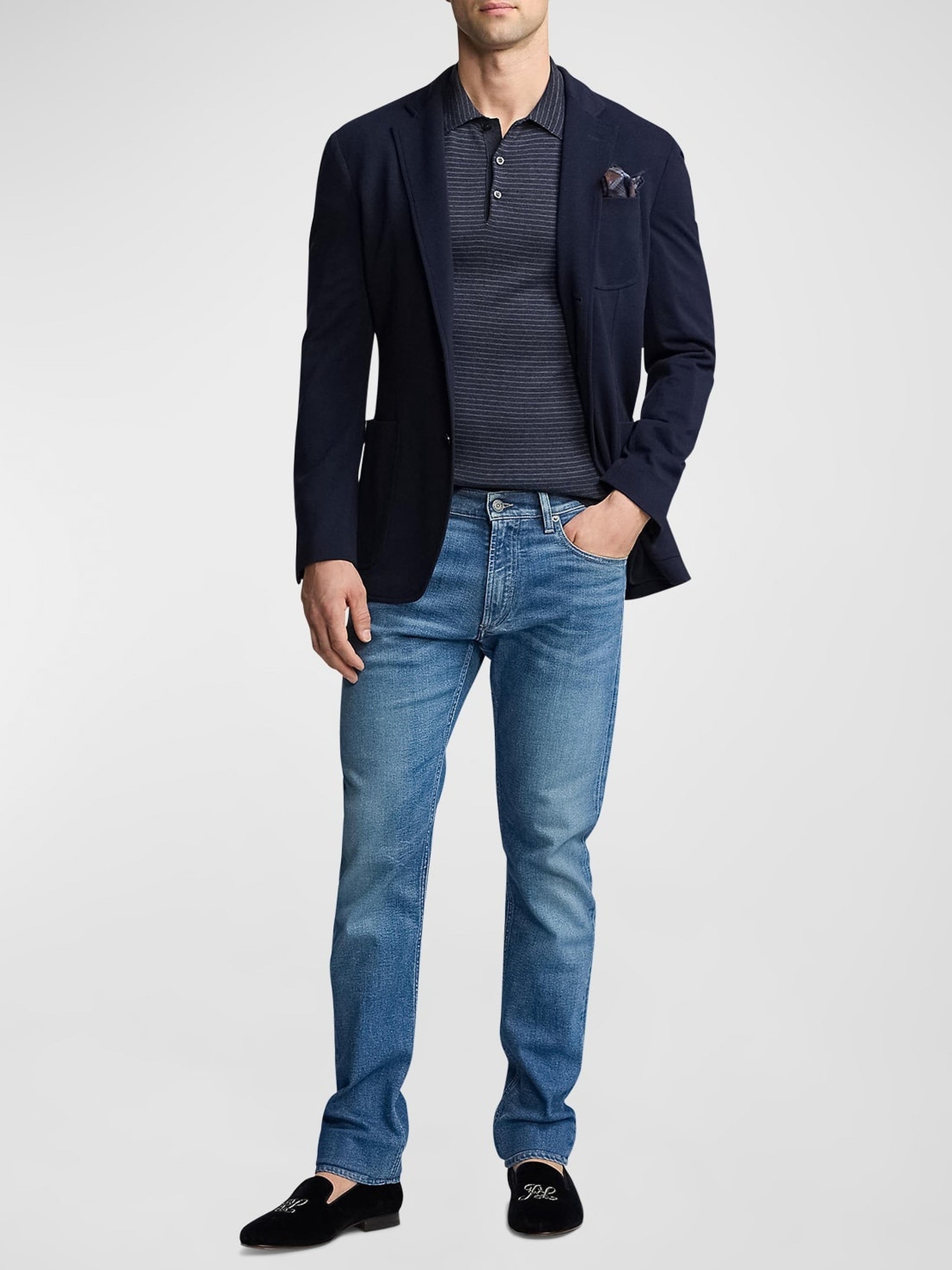 Polo rayé col polo en coton et soie mélangé - Slate Melange Blue