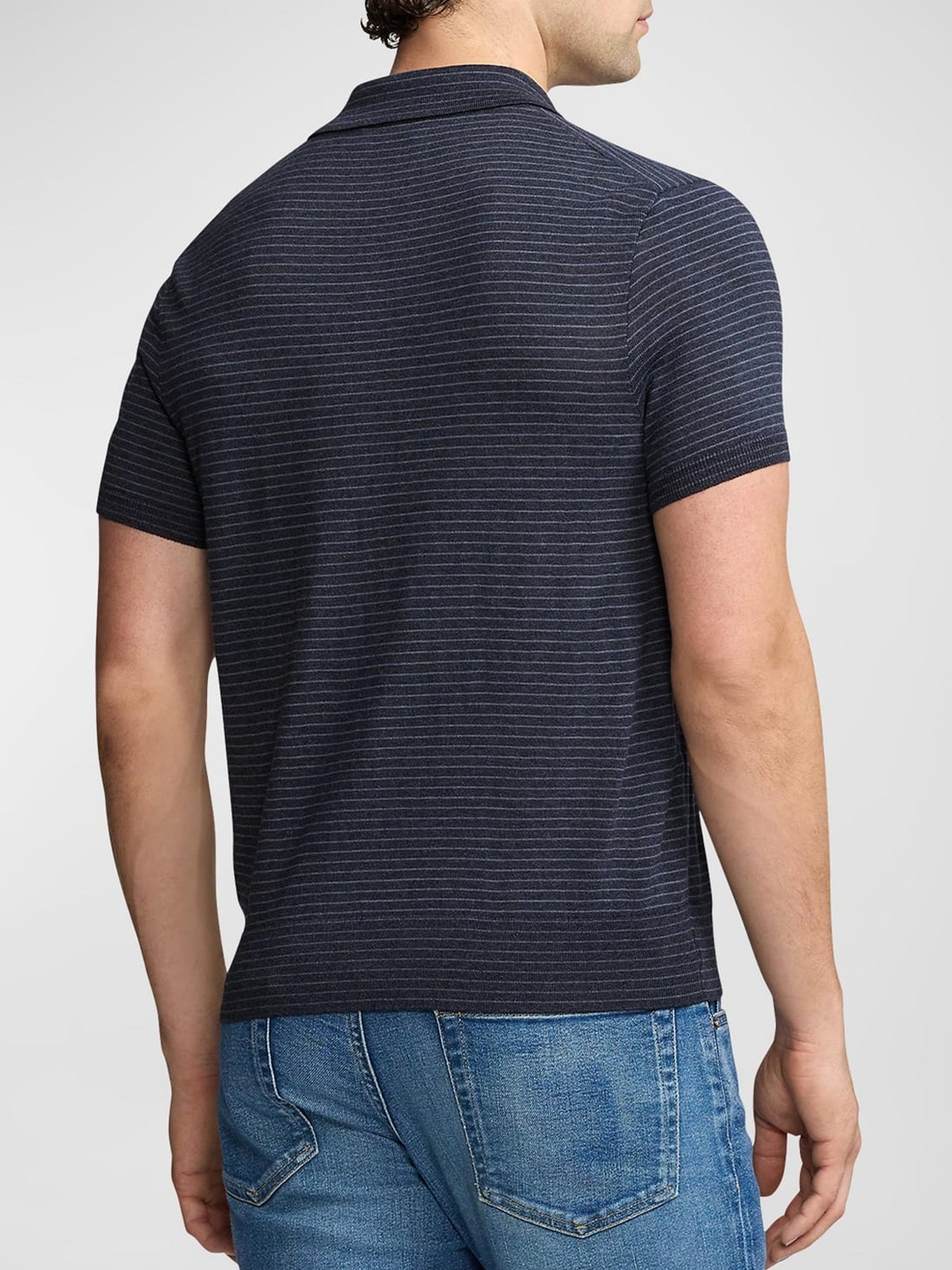 Polo rayé col polo en coton et soie mélangé - Slate Melange Blue