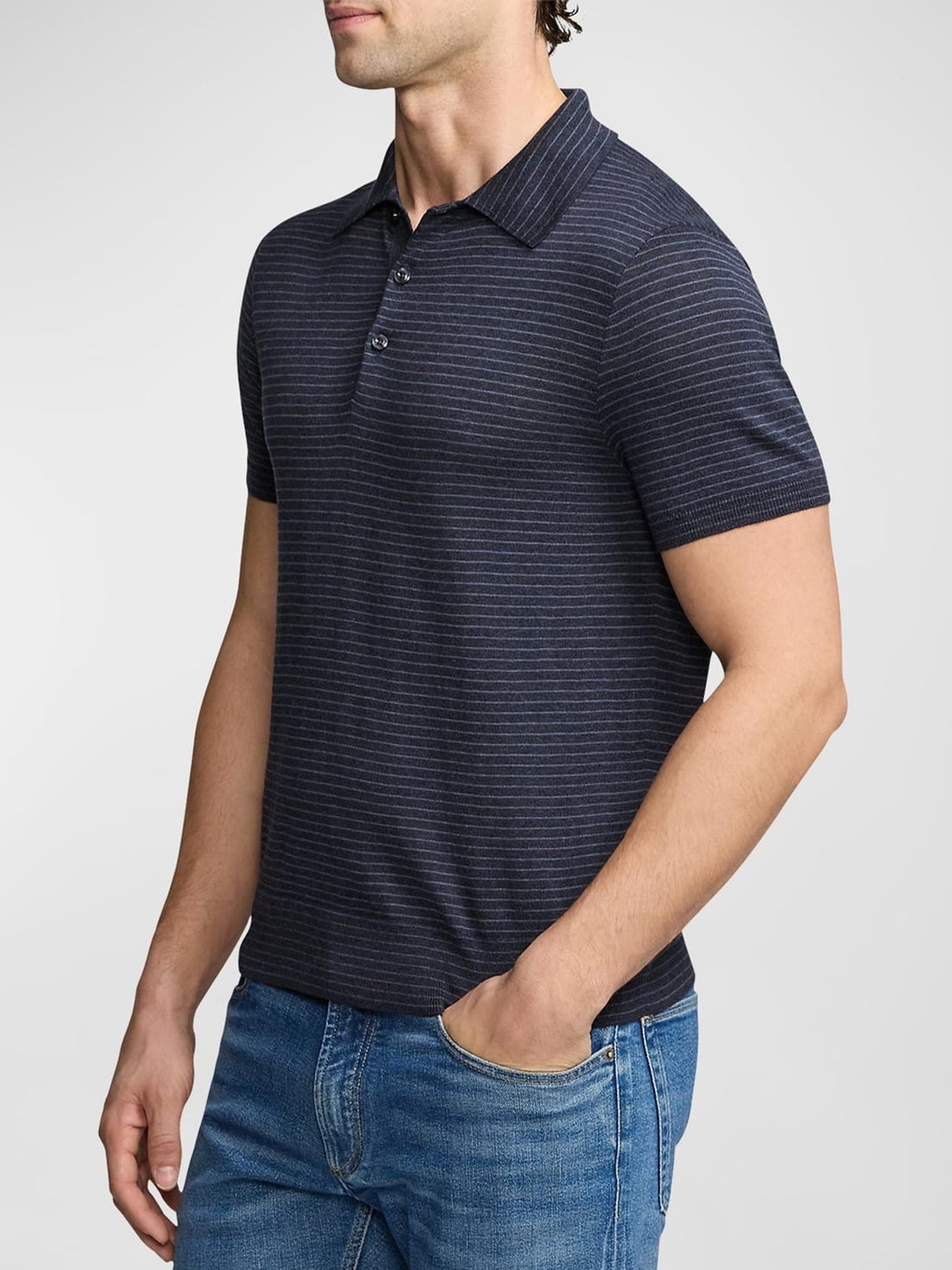 Polo rayé col polo en coton et soie mélangé - Slate Melange Blue