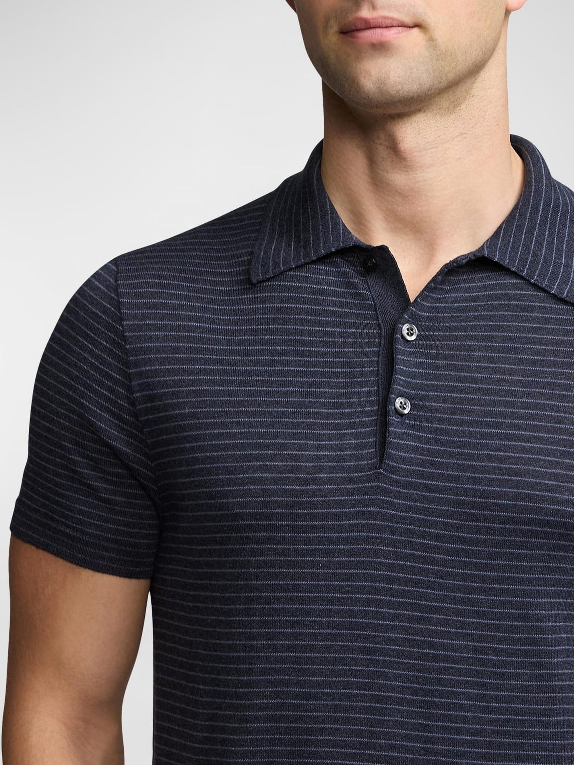 Polo rayé col polo en coton et soie mélangé - Slate Melange Blue