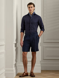 Short confectionné à la main en lin et soie mélangé - Spring Navy