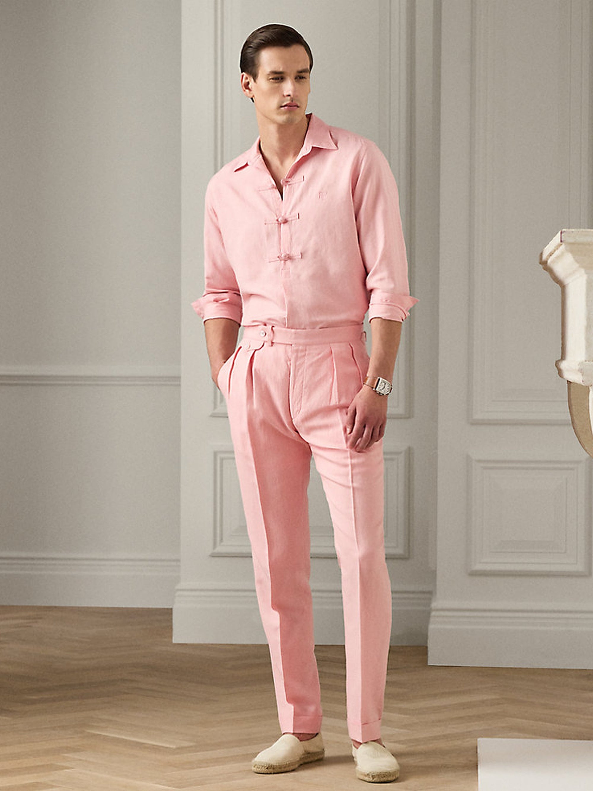 Pantalon Gregory fait main en soie et lin mélangé - Crystal Rose