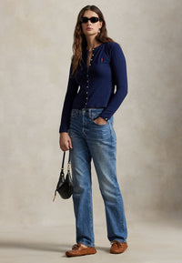 Round-neck stretch cotton cardigan - Newport Navy