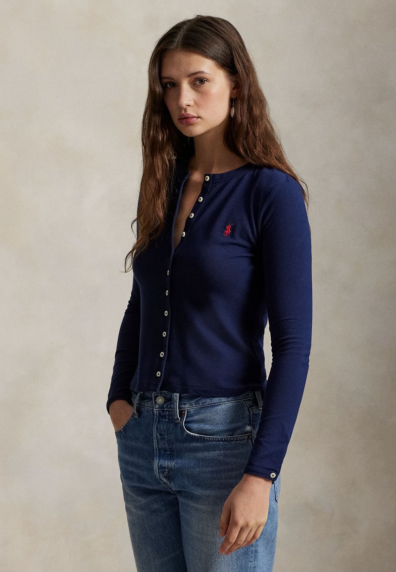 Round-neck stretch cotton cardigan - Newport Navy