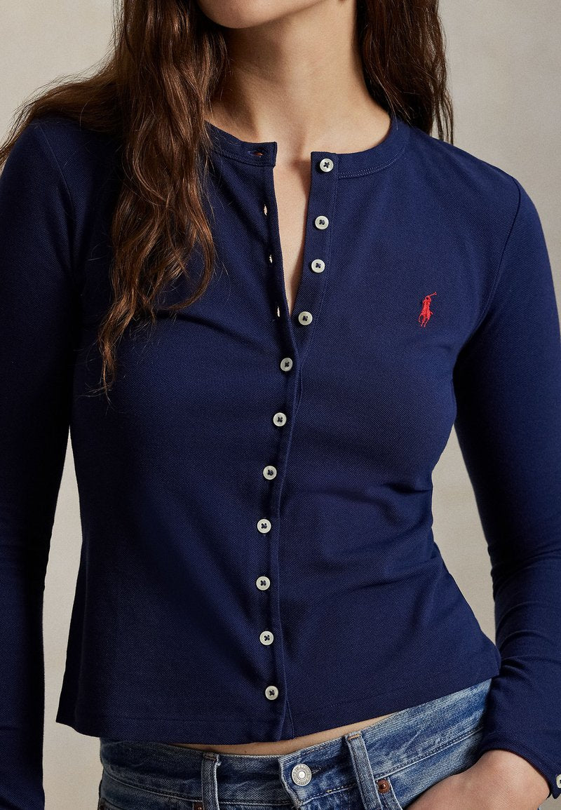 Round-neck stretch cotton cardigan - Newport Navy