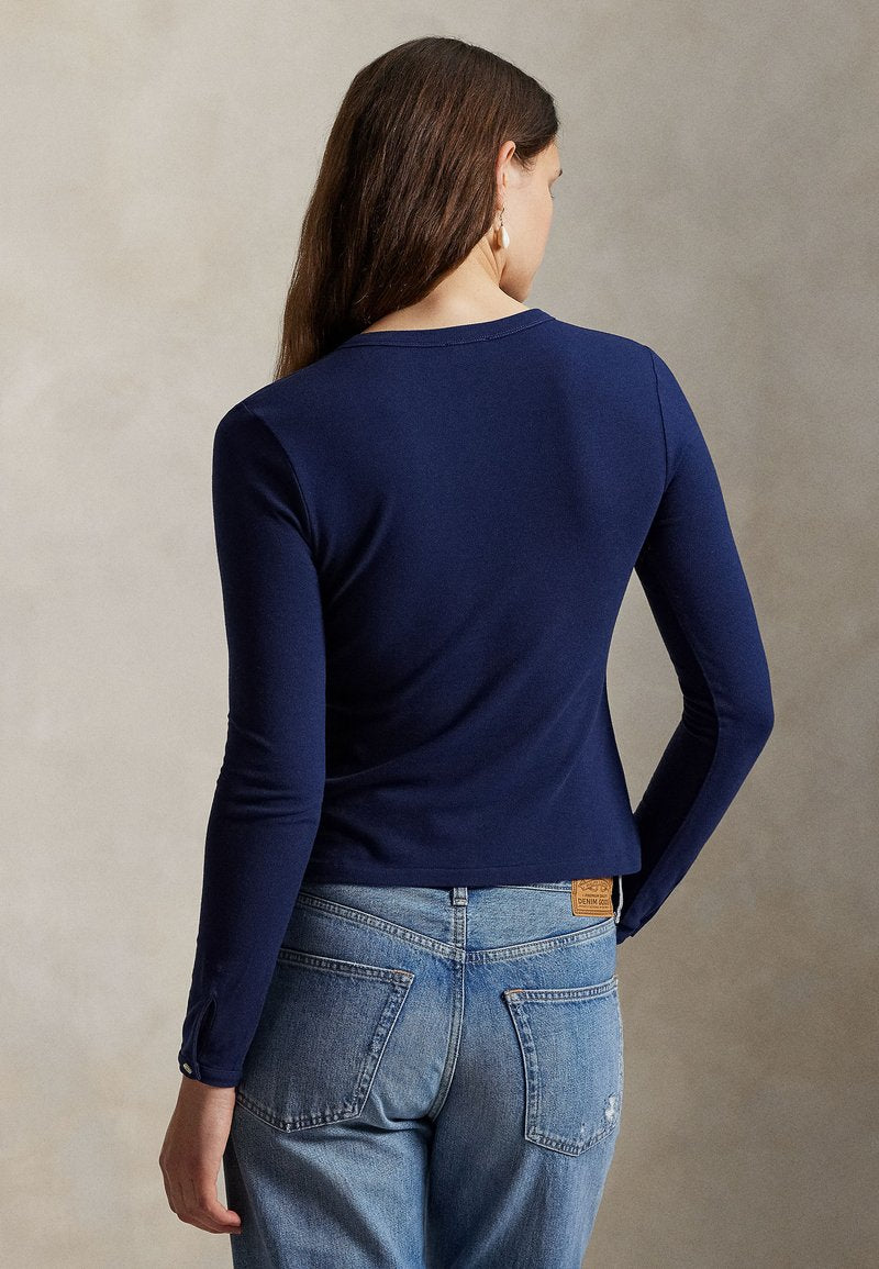 Round-neck stretch cotton cardigan - Newport Navy