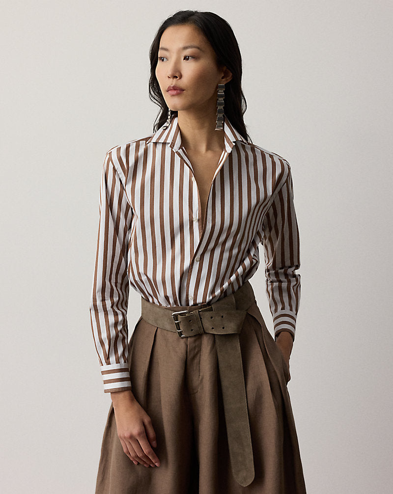 Chemise Capri décontractée rayée en coton - White & Mocha