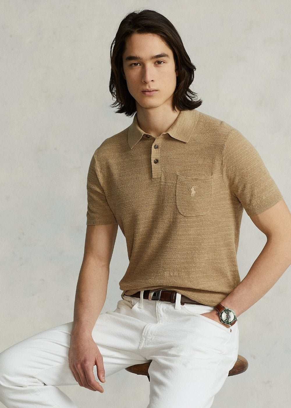 Cotton and linen polo-neck jumper - Vintage Khaki