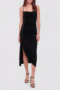 Draped mid-length dress with thin straps - Black