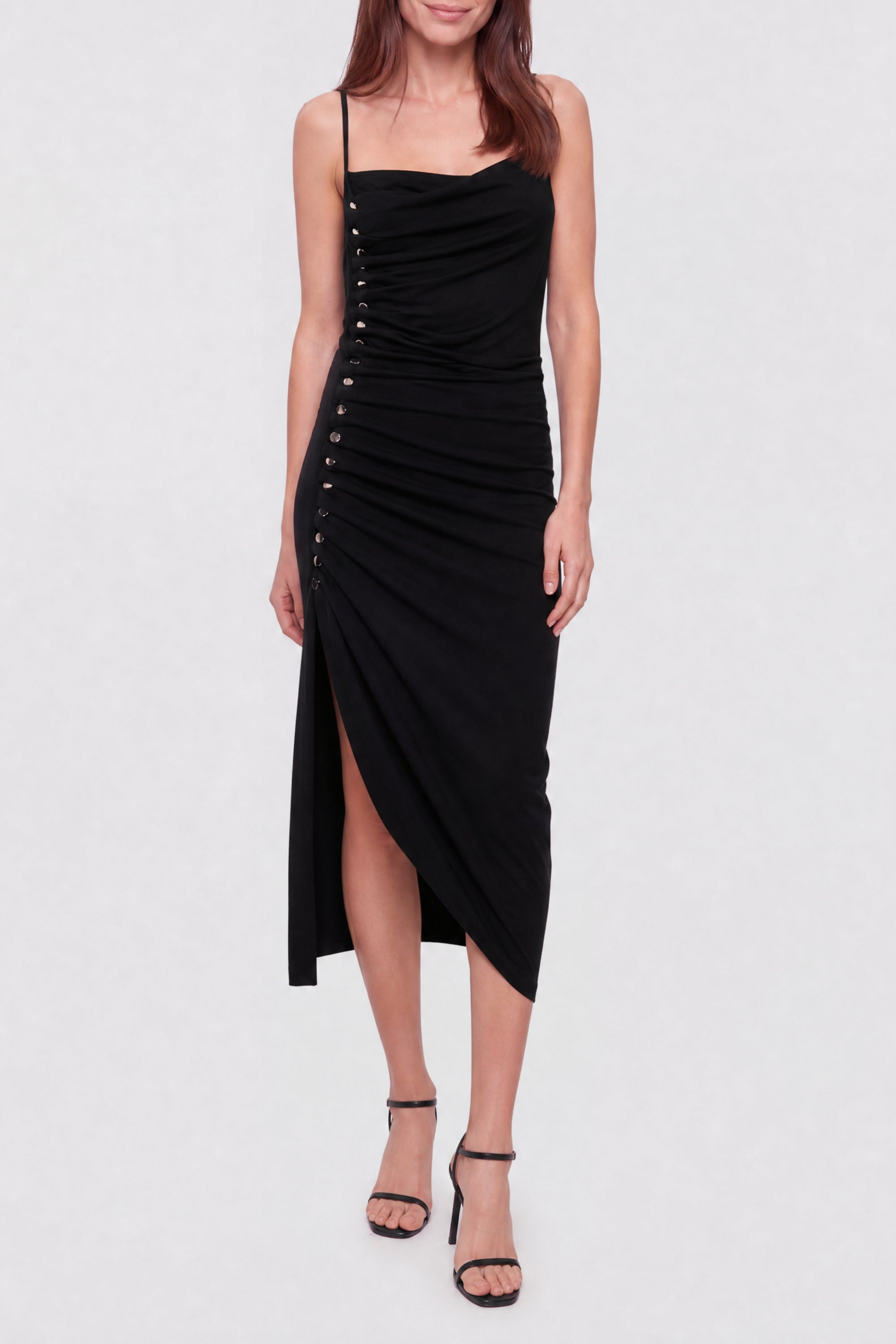 Draped mid-length dress with thin straps - Black