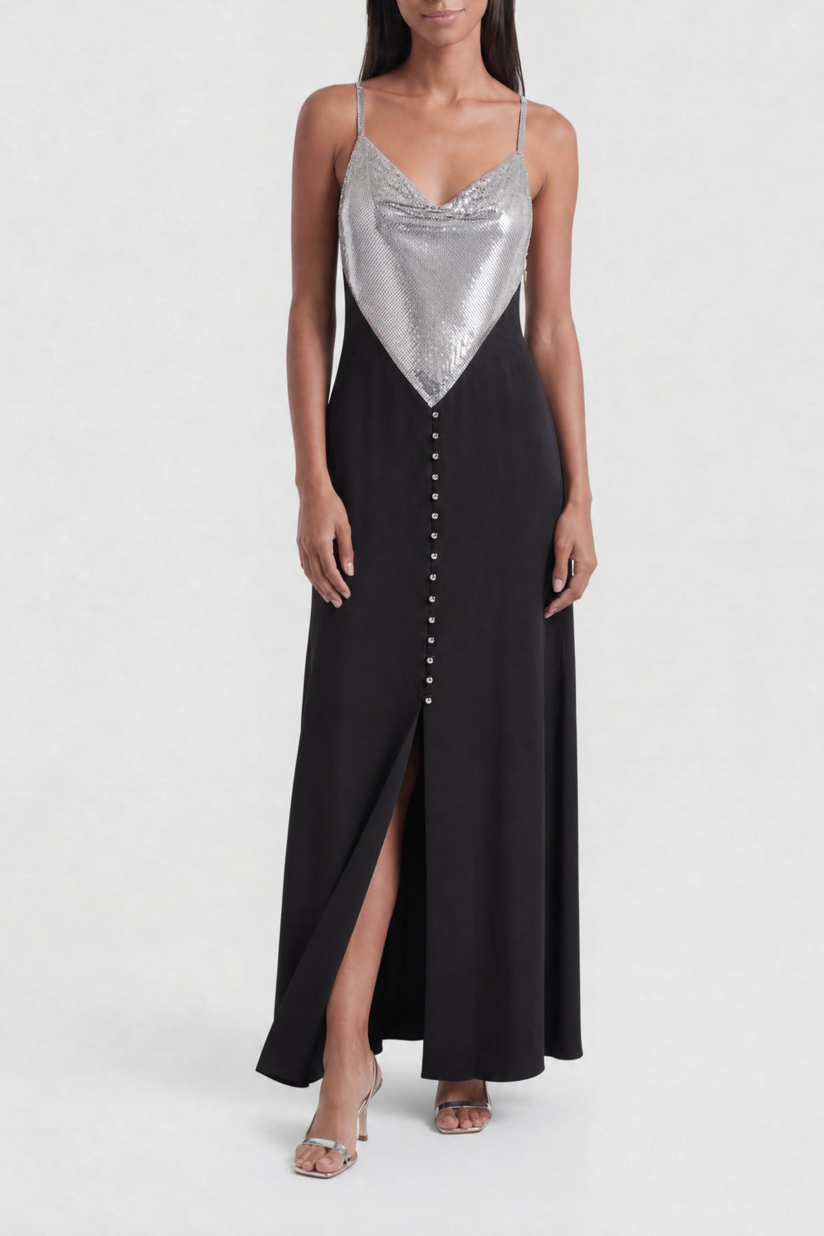 Robe longue à bretelles à incrustation de mesh - Black & Silver