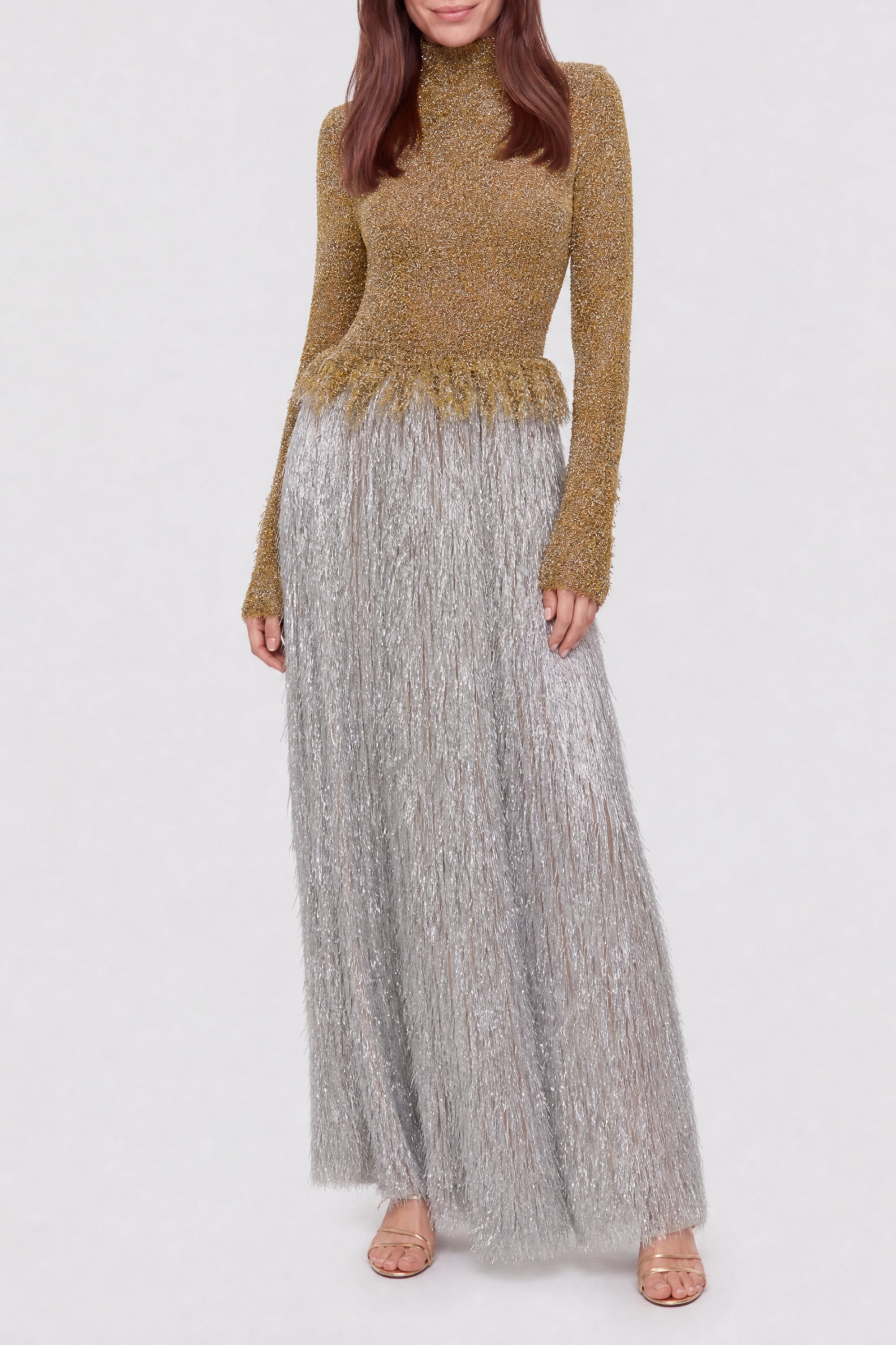 Fringed dress in gradient lurex mesh with stand-up collar - Gold