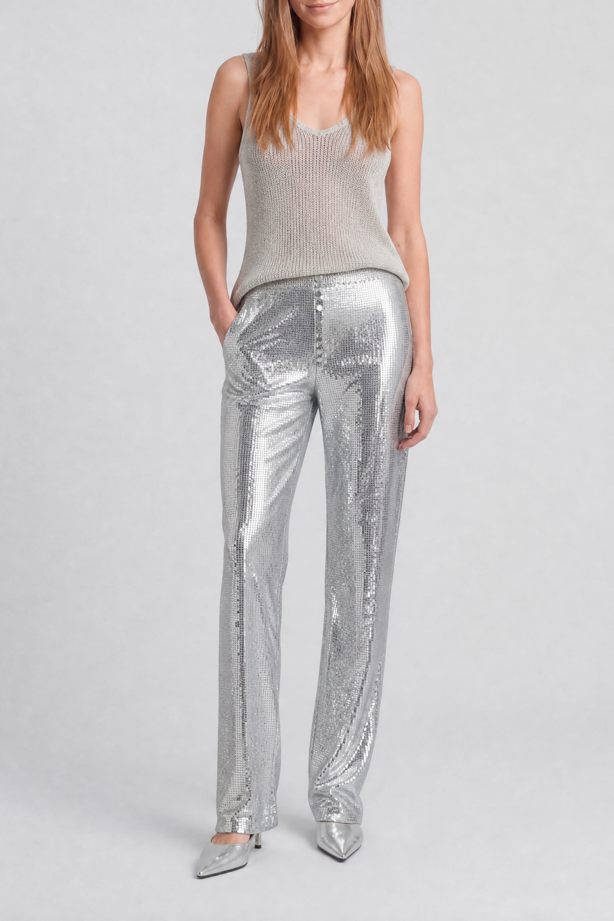 Slim-fit trousers in mini mesh with press studs - Silver