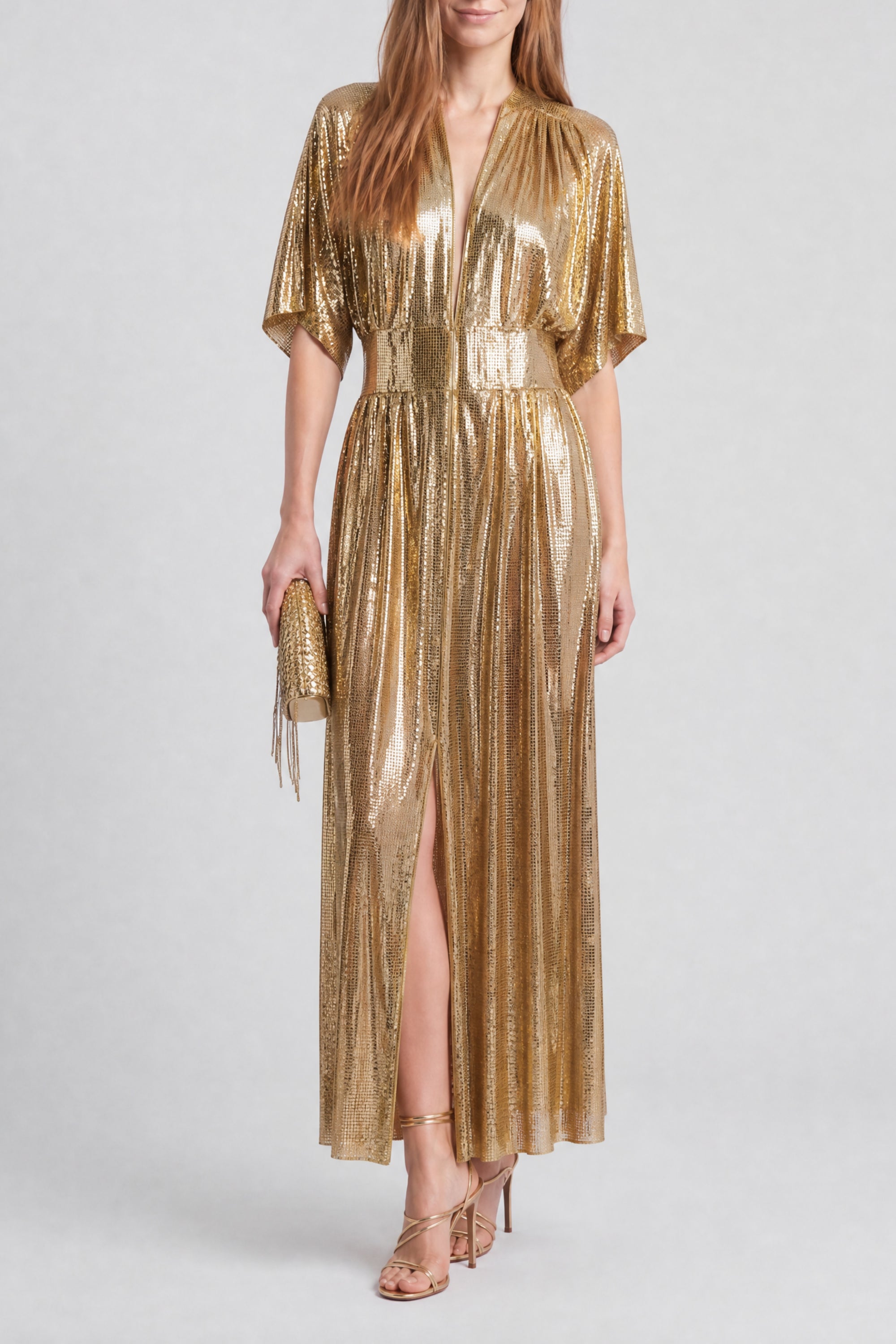 Sparkling short-sleeved maxi dress - Gold
