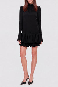 Gathered and flounced short dress - Black