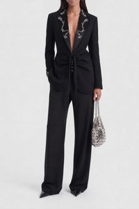 Belted embroidered collar blazer - Black