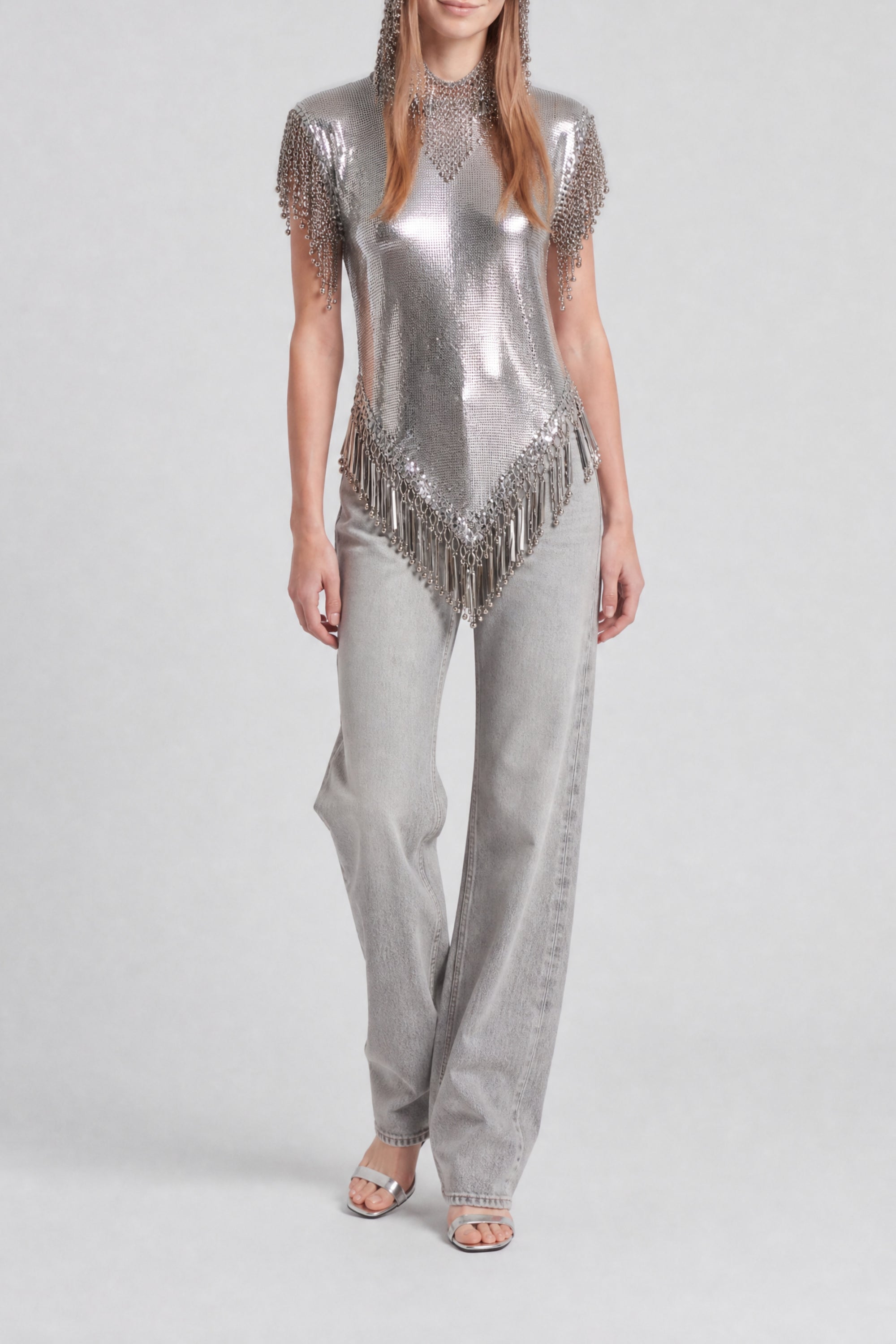 Sleeveless hooded top with sequins - Silver