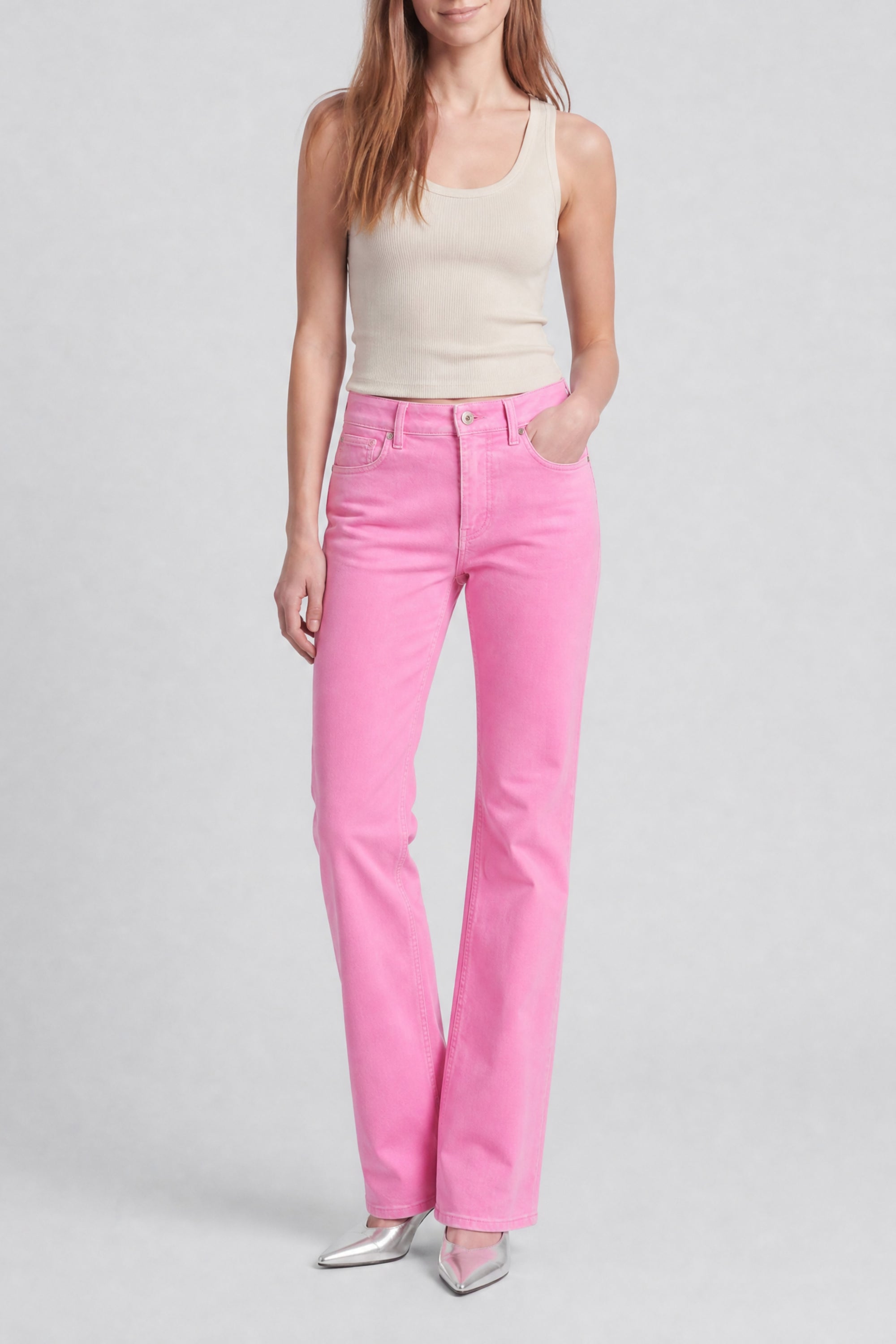 High-waisted straight-leg denim trousers - Peony Pink