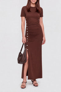 Draped mid-length dress with press studs - Chocolate