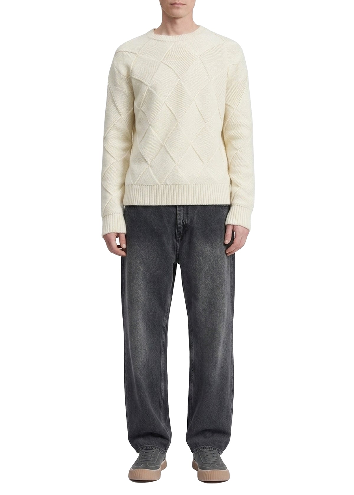 Entrelac round-neck woollen jumper - Ivory