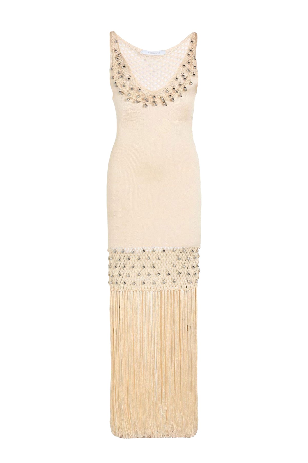 Robe en crochet ornée de franges et perles - Nude