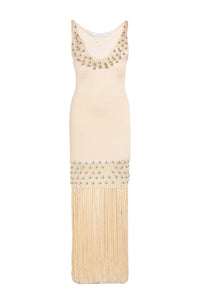 Crochet dress with fringes and pearls - Nude