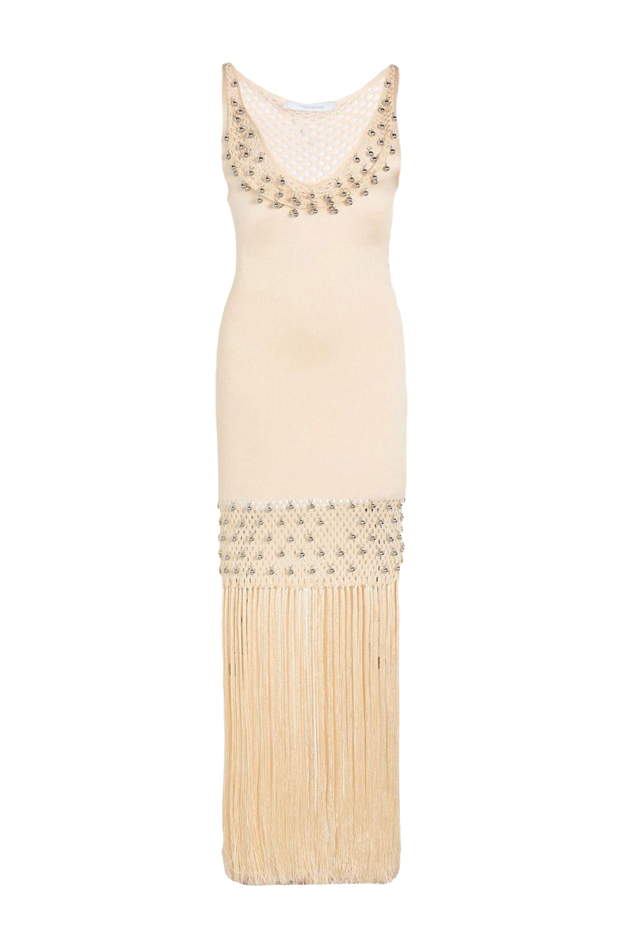 Crochet dress with fringes and pearls - Nude