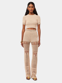 Pantalon flare en crochet à ceinture perles - Shiny Beige