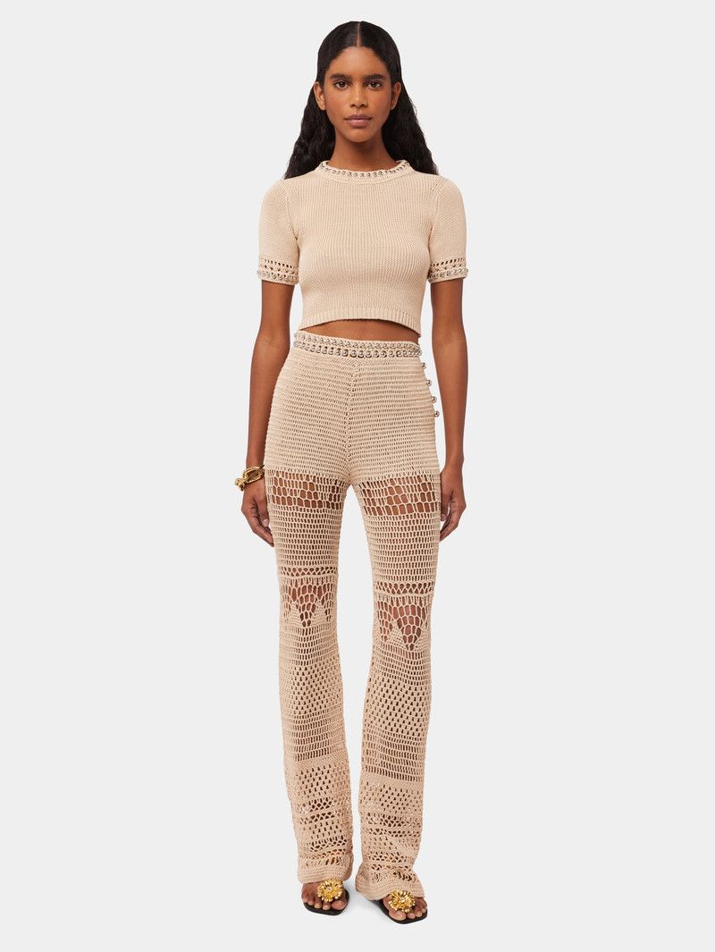Pantalon flare en crochet à ceinture perles - Shiny Beige