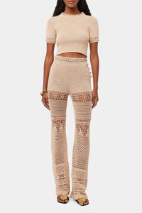 Crocheted flared trousers with a beaded waistband - Shiny Beige