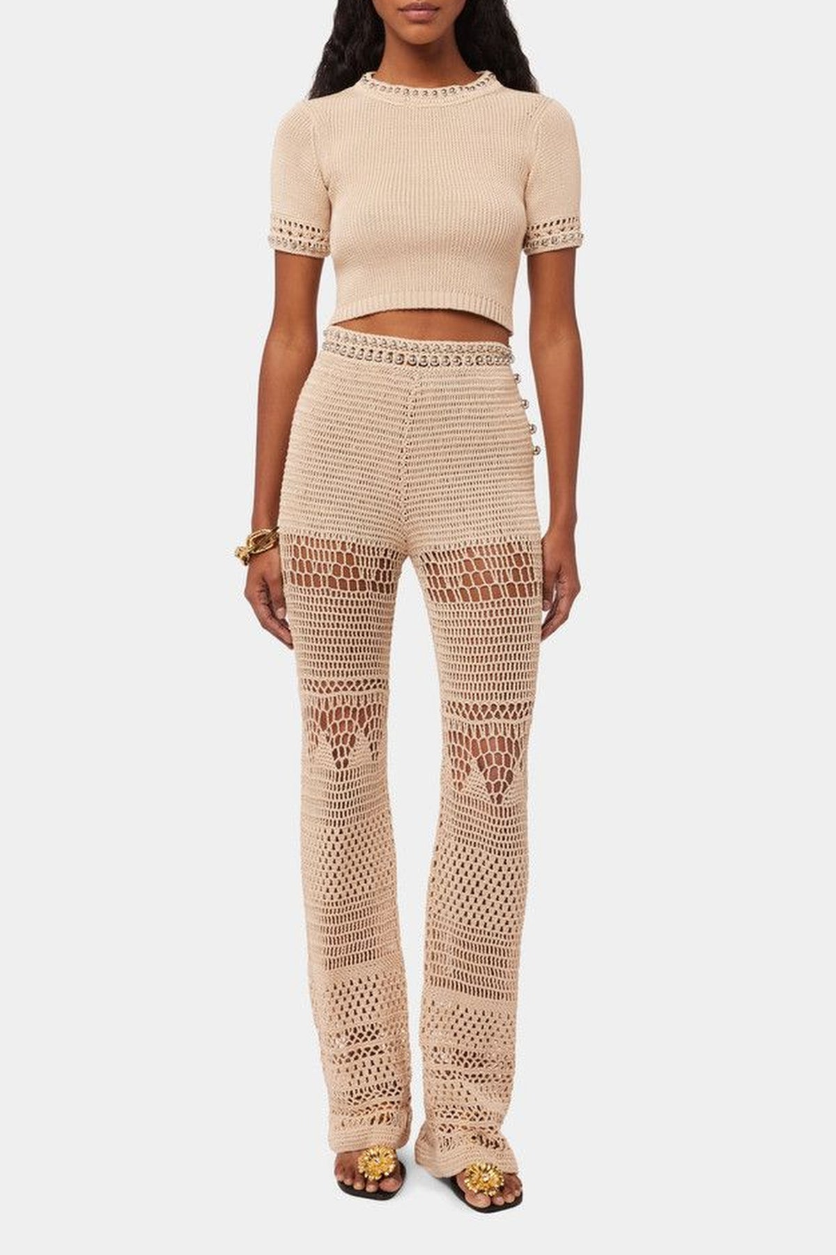 Crocheted flared trousers with a beaded waistband - Shiny Beige