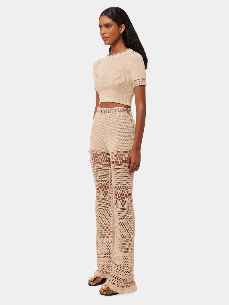 Pantalon flare en crochet à ceinture perles - Shiny Beige