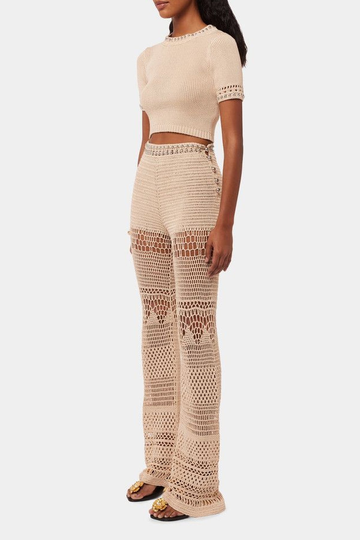 Crocheted flared trousers with a beaded waistband - Shiny Beige