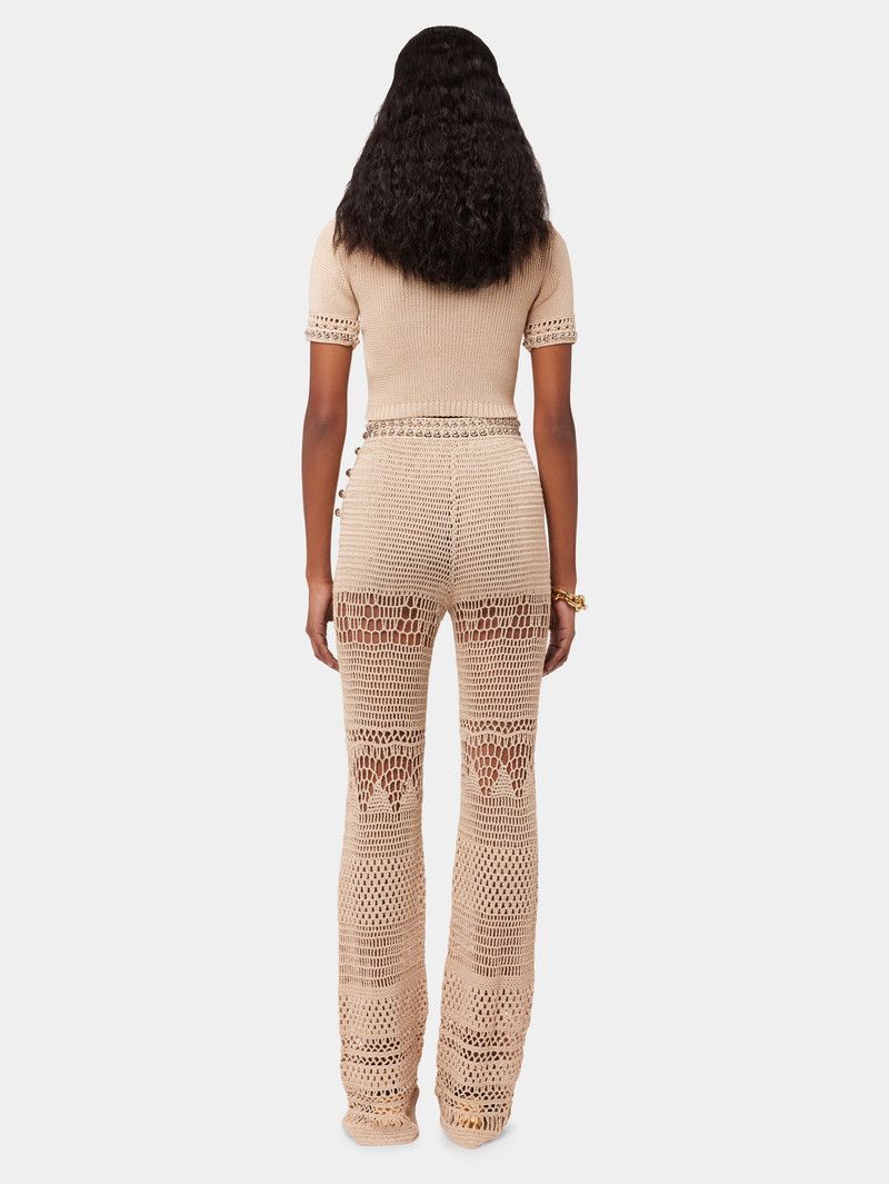 Pantalon flare en crochet à ceinture perles - Shiny Beige