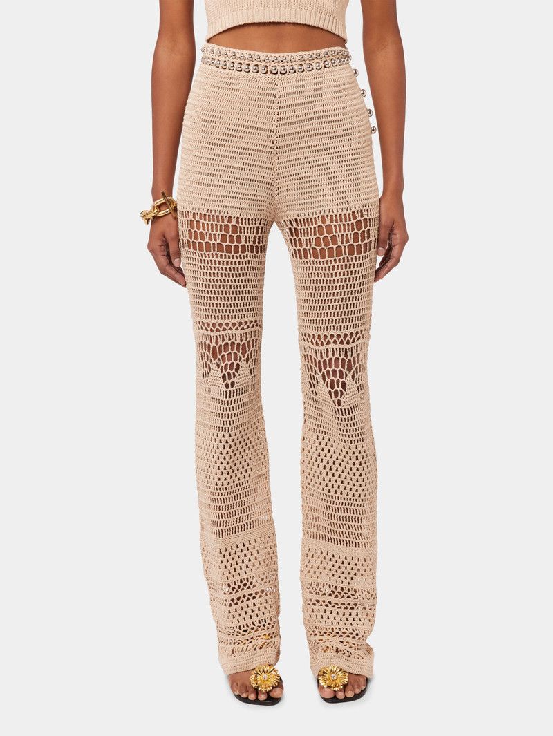 Pantalon flare en crochet à ceinture perles - Shiny Beige