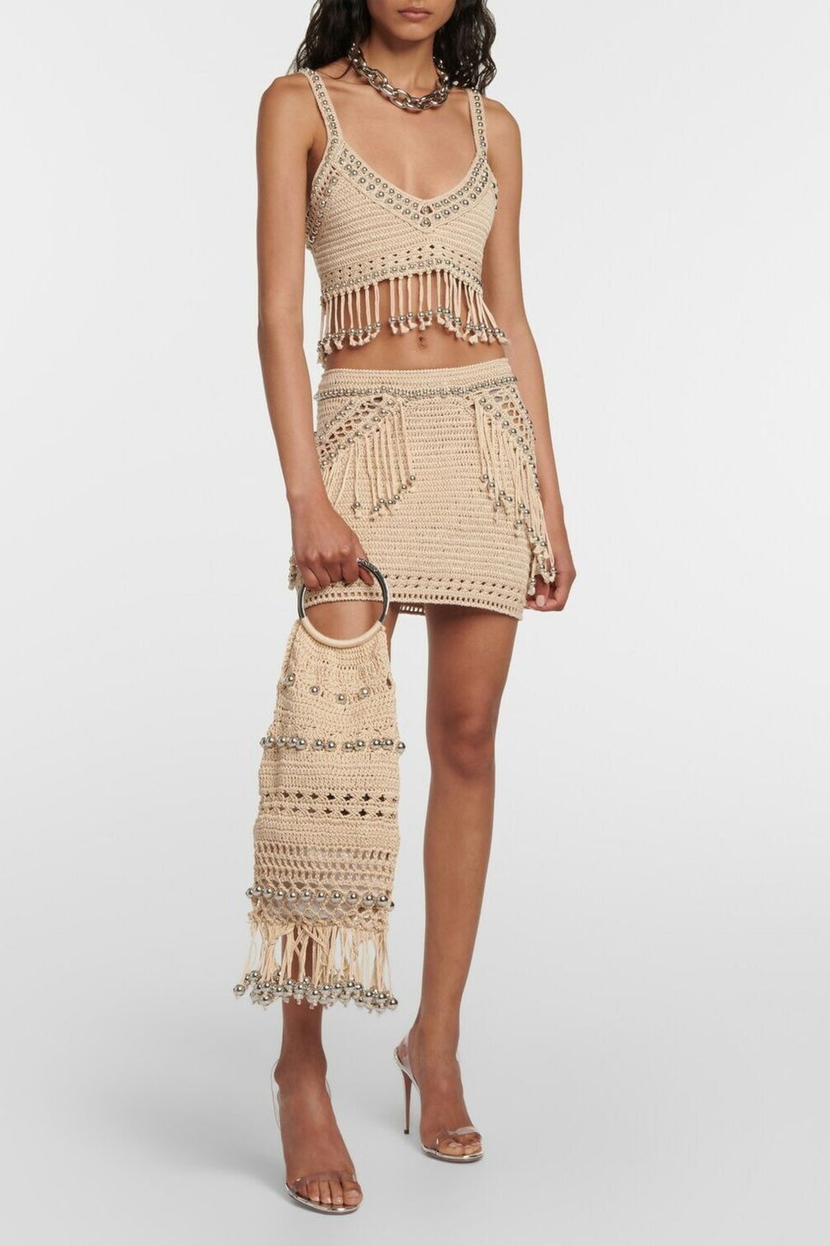 Débardeur court en crochet à perles et franges - Shiny Beige