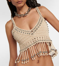 Top court en crochet fait main à perles et franges - Shiny Beige