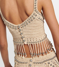 Top court en crochet fait main à perles et franges - Shiny Beige